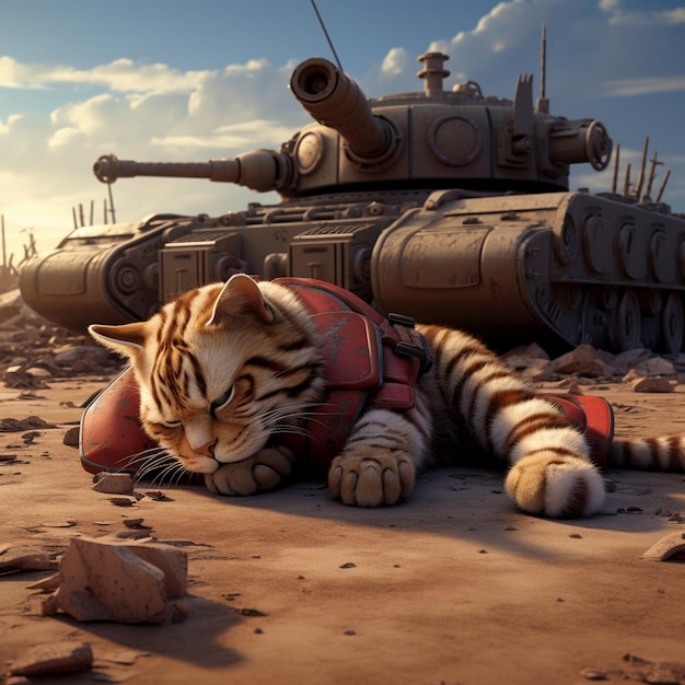 Sad sick cat at war zone 3d