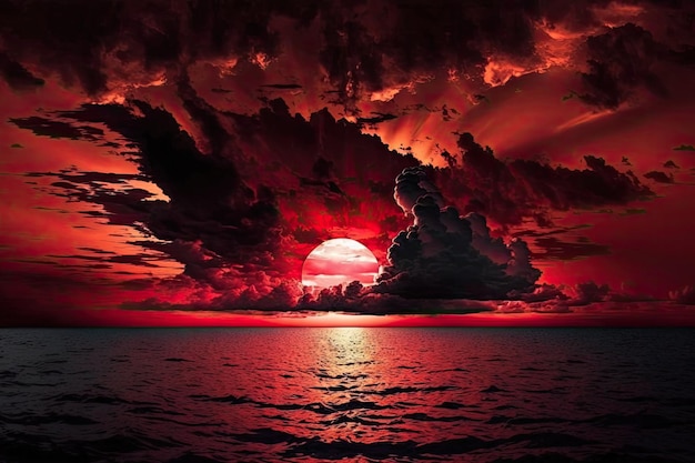 Sad sky black clouds and crimson light at sunset over the ocean It serves as a nice backdrop