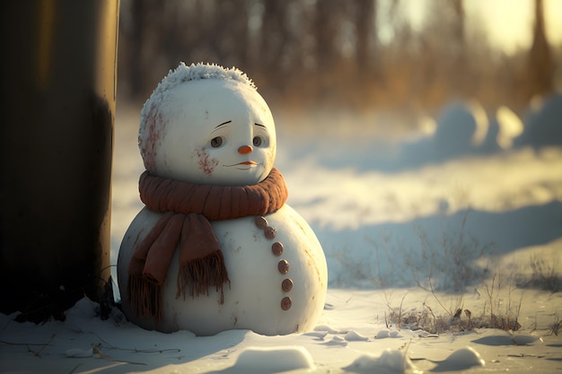 Sad snowman melts in park with arrival of spring Snowman in the rays of warm spring sun Grass under snow 3d illustration