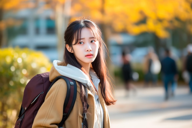 Sad student girl is walking on the background of university AI generated