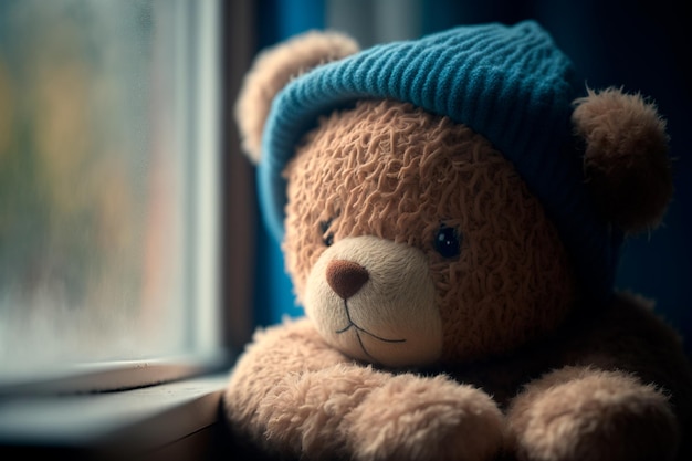 A sad teddy bear looks out the window Concept of longing and loneliness Generative AI