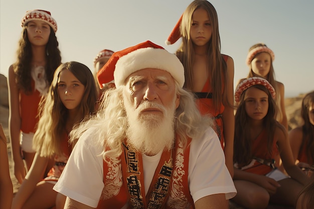 Sad and Tense Children with Grandfather in Red Santa Claus Hats Outdoors in Summer