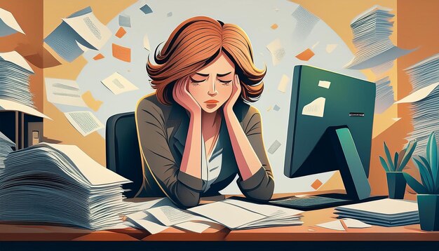 Sad tired or exhausted woman at office Stressful work Stress at workplace Ai Generated