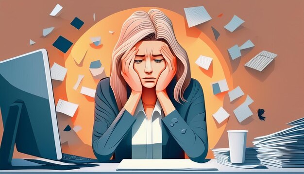 Sad tired or exhausted woman at office Stressful work Stress at workplace Ai Generated