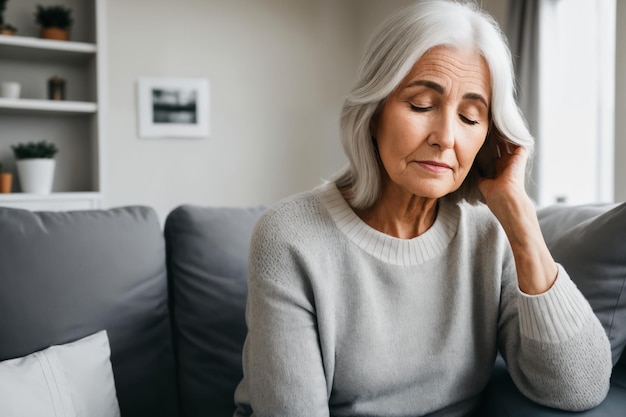 Sad tired ill sick lonely disappointed caucasian senior woman sitting on the couch