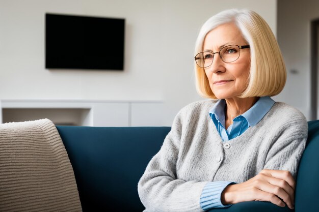 Sad tired ill sick lonely disappointed caucasian senior woman sitting on the couch