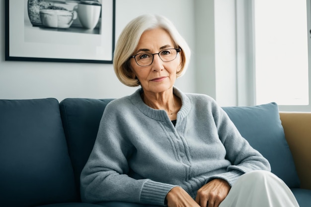 Sad tired ill sick lonely disappointed caucasian senior woman sitting on the couch