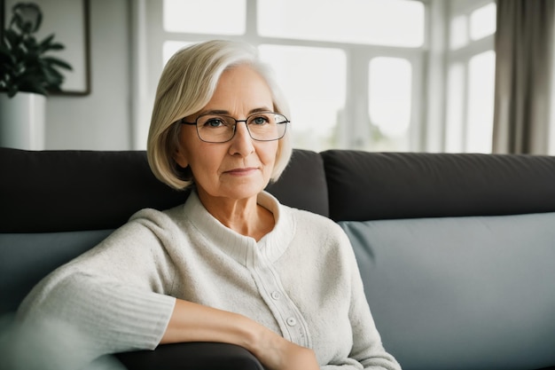 Sad tired ill sick lonely disappointed caucasian senior woman sitting on the couch