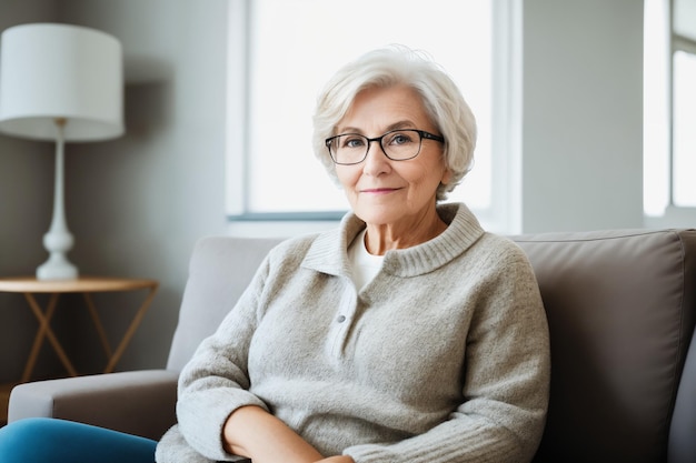 Sad tired ill sick lonely disappointed caucasian senior woman sitting on the couch