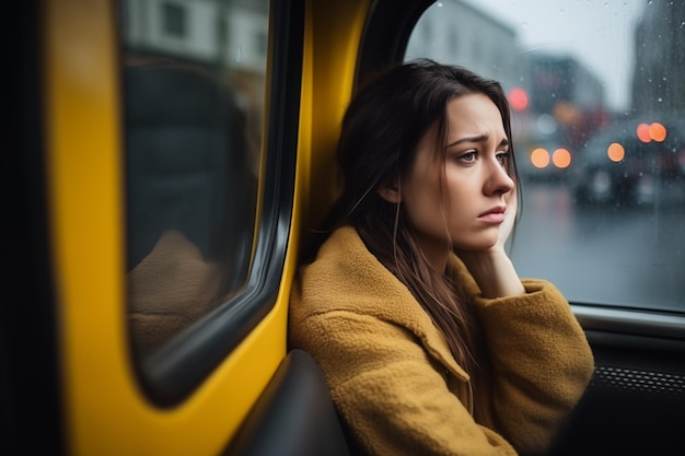 Sad unhappy young woman riding in bus cabin Generative AI