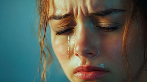 Photo sad woman crying with tears in eye on blue teardrop on female face drama depression concept