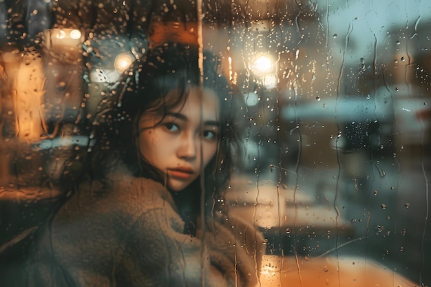 sad woman looking through a rain streaked window Captivating Rainy Solitude woman in caffe