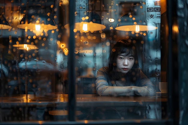 sad woman looking through a rain streaked window Captivating Rainy Solitude woman in caffe