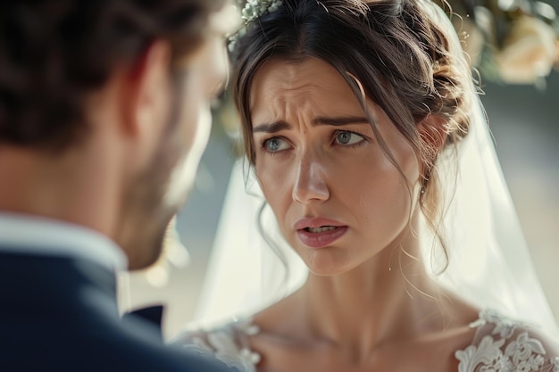 Photo sad and worried bride crying and arguing with groom in wedding day