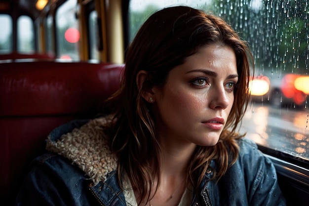 Photo sad worried woman sitting inside bus heavy rain outside