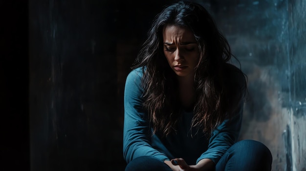 A sad young woman sits alone in a dark room