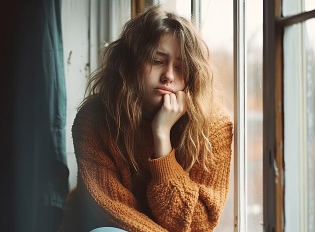 Photo sad young woman sitting near the window at home sadness depression concept