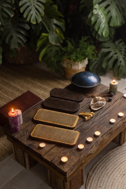 Sadhu board yoga board with nails guy stands on the board with nails yoga concept