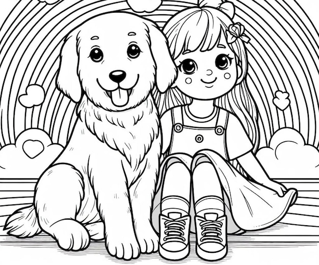 Sadie Dog line art coloring page for kids with white background ai generated