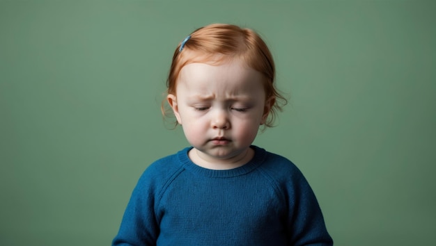 A sadlooking toddler with red hair