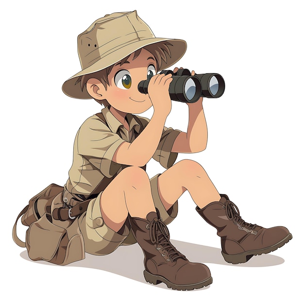 Safari 10 Year Old Boy in a Khaki Shirt Khaki Shorts and Bro Creative Fashion Chibi Character