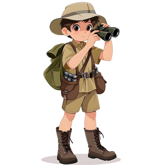 Safari 10 Year Old Boy in a Khaki Shirt Khaki Shorts and Bro Creative Fashion Chibi Character