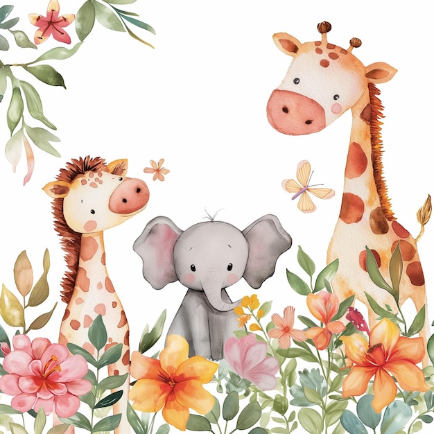 Safari Animals heds Floral Tropical Flower Girl Nursery Wall Art Watercolor