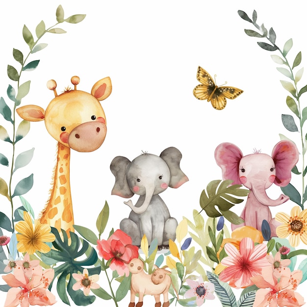 Safari Animals heds Floral Tropical Flower Girl Nursery Wall Art Watercolor