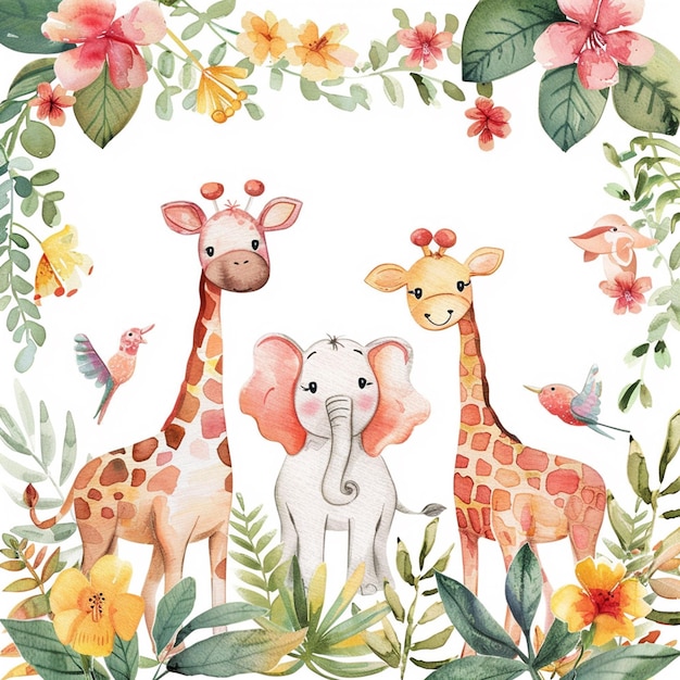 Safari Animals heds Floral Tropical Flower Girl Nursery Wall Art Watercolor