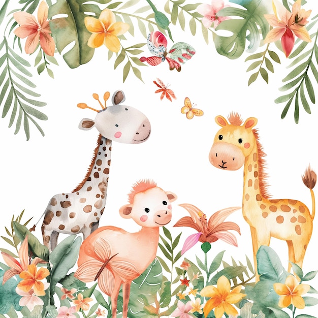 Safari Animals heds Floral Tropical Flower Girl Nursery Wall Art Watercolor