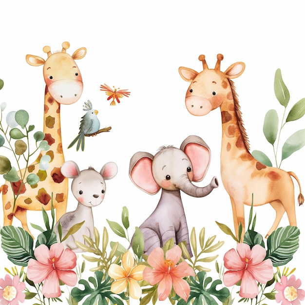 Safari Animals heds Floral Tropical Flower Girl Nursery Wall Art Watercolor