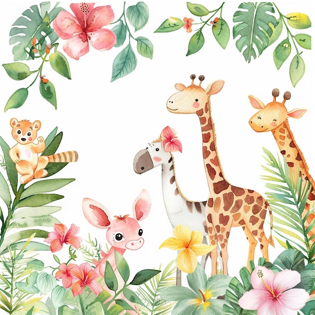 Safari Animals heds Floral Tropical Flower Girl Nursery Wall Art Watercolor