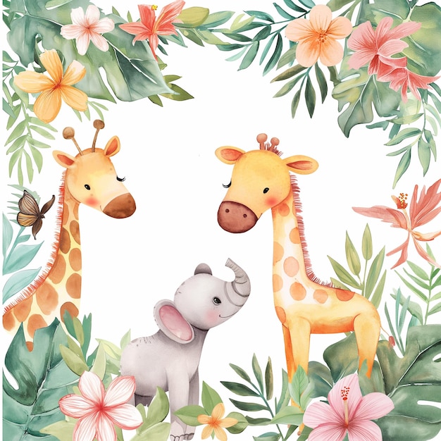 Safari Animals heds Floral Tropical Flower Girl Nursery Wall Art Watercolor