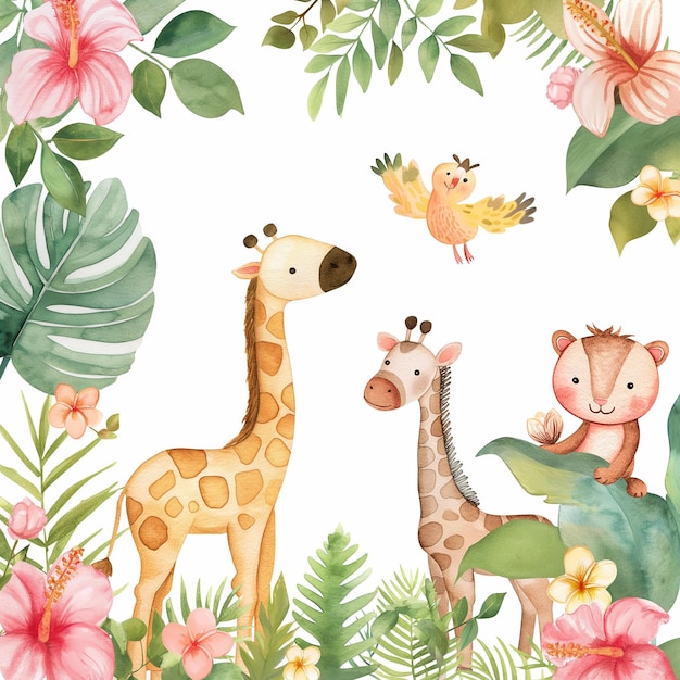 Safari Animals heds Floral Tropical Flower Girl Nursery Wall Art Watercolor