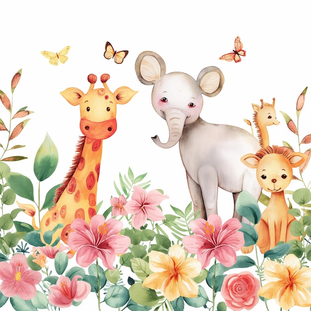 Safari Animals heds Floral Tropical Flower Girl Nursery Wall Art Watercolor