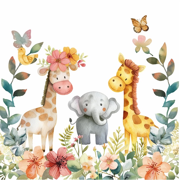 Safari Animals heds Floral Tropical Flower Girl Nursery Wall Art Watercolor