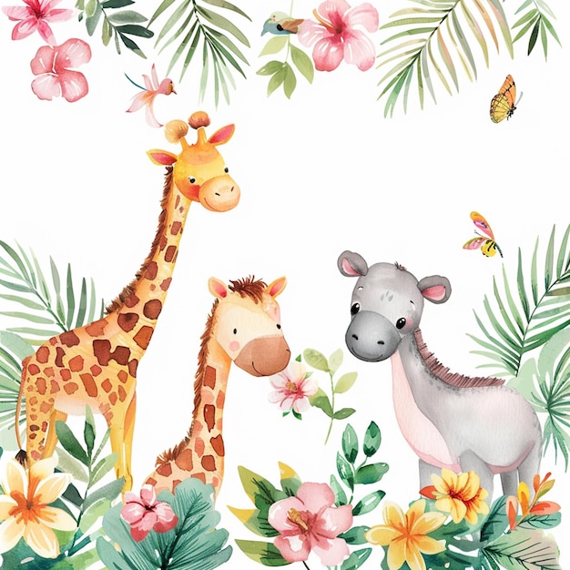 Safari Animals heds Floral Tropical Flower Girl Nursery Wall Art Watercolor