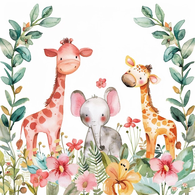 Safari Animals heds Floral Tropical Flower Girl Nursery Wall Art Watercolor