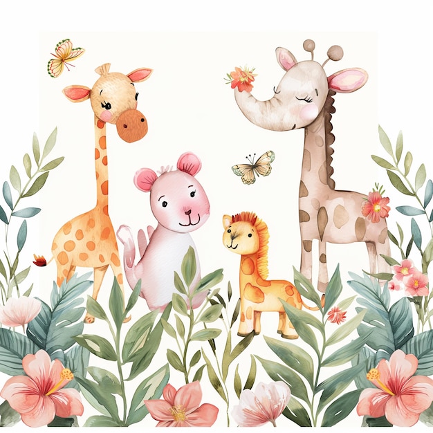 Safari Animals heds Floral Tropical Flower Girl Nursery Wall Art Watercolor