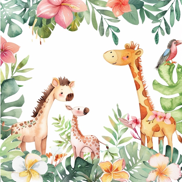 Safari Animals heds Floral Tropical Flower Girl Nursery Wall Art Watercolor