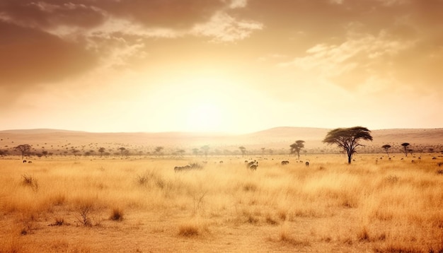 Safari animals roam the African plain at sunset wild beauty generated by AI