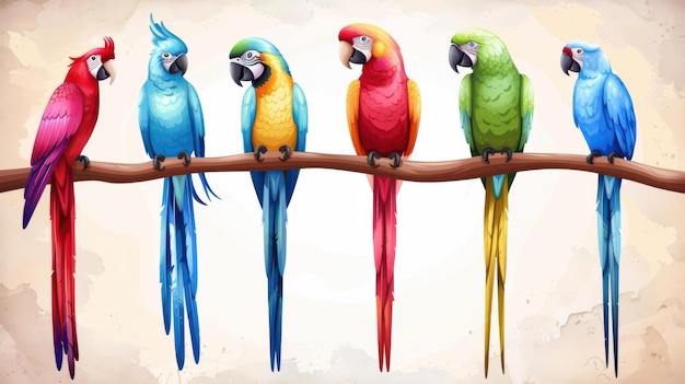 Safari animals watercolor illustration set with blue and red parrots isolated images