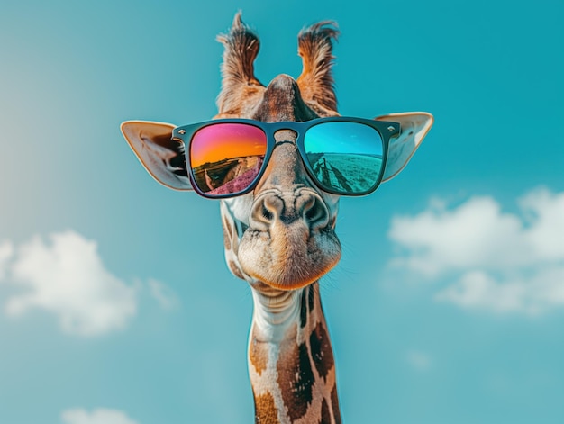 Safari Chic A quirky giraffe sports a pair of stylish sunglasses reflecting a vivid sunset adding a touch of whimsical fashion to the wild African savannah