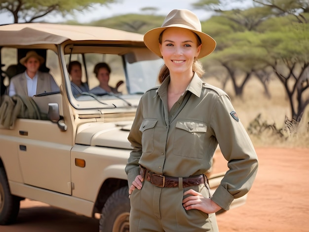 Safari Guide Tourist Guide in a wild with Safari vehicle wildlife adventure tourism safari suit