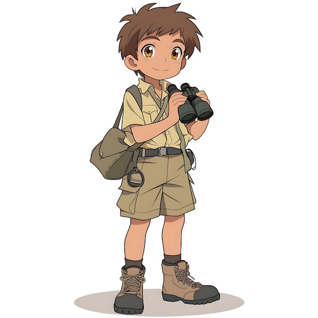 Safari Inspired 7 Year Old Boy in a Khaki Shirt Cargo Shorts Creative Fashion Chibi Character