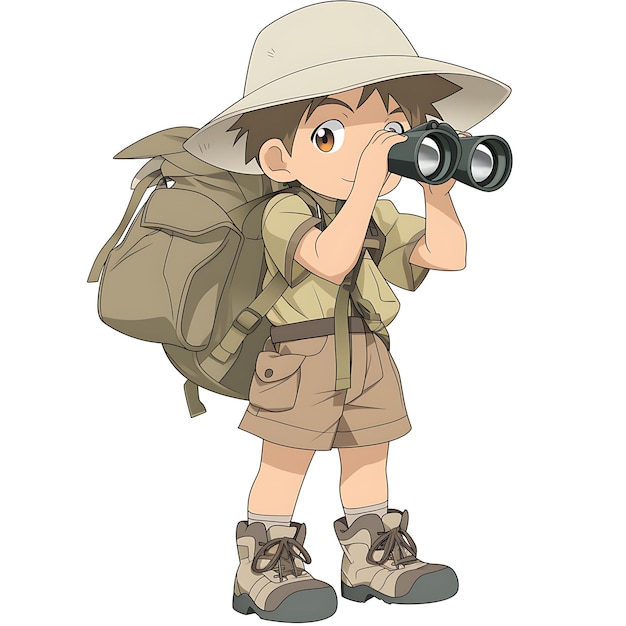 Safari Inspired 7 Year Old Boy in a Khaki Shirt Cargo Shorts Creative Fashion Chibi Character