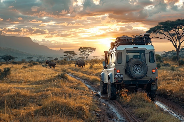 Photo safari jeep driving through african landscape at sunset