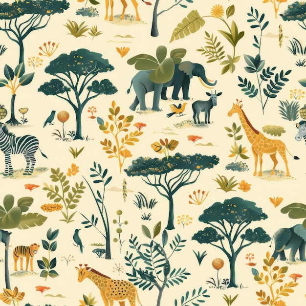 Safari Theme Seamless Pattern with African Wildlife