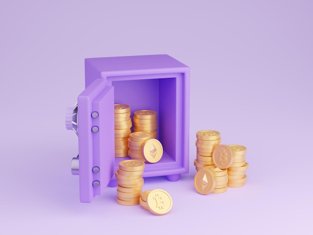 Safe box with crypto currency money 3d render open purple strongbox filled and surrounded by gold bitcoin and ethereum