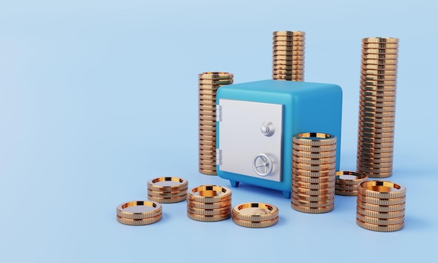 Safe box with golden coins on blue background Financial economic and money savings security concept